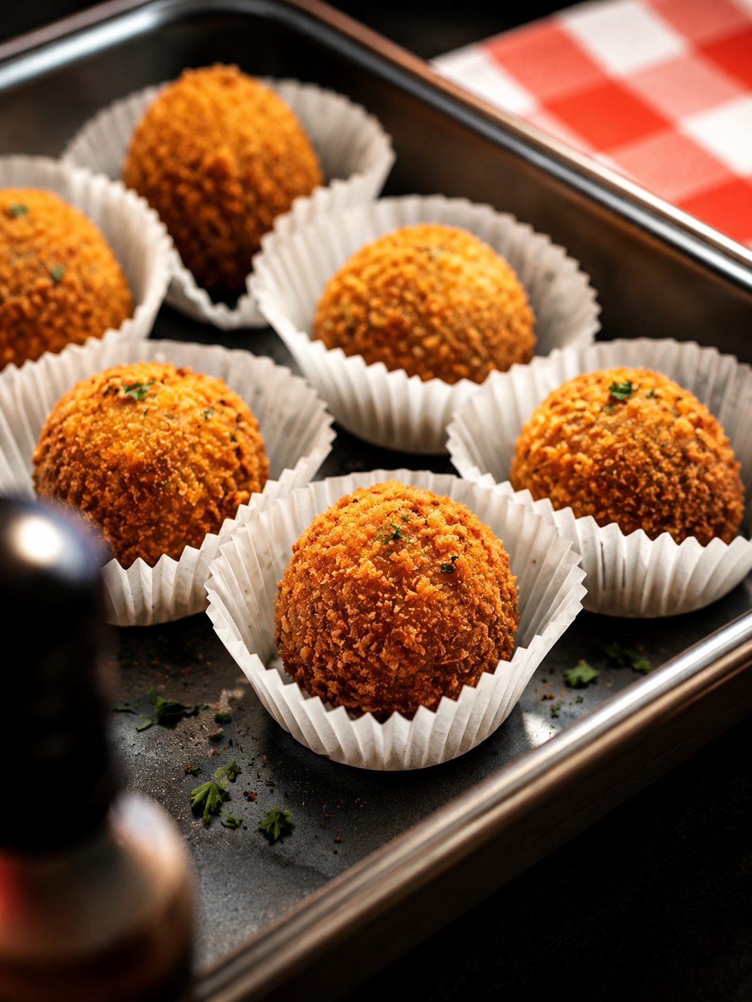 Seks sprø Gold of Sicily-arancini på et mørkt brett